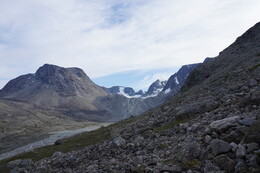 Вид на ледник Fornesbreen и низовья долины Fornesdalen (слева на фото): курумник в русле реки и моренная гряда