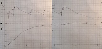 temperature record during sinter baking: upper plot - furnace thermometer, lower plot - thermocouple attached to the flange