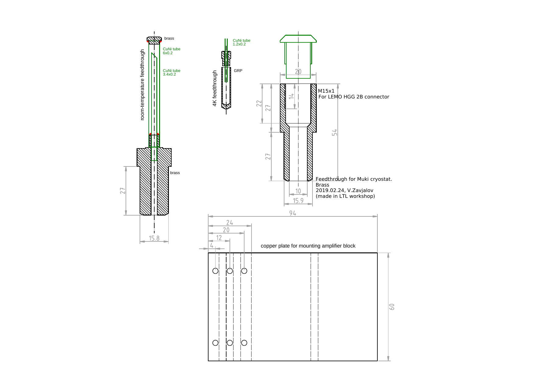 feedthrough (room-temperature V1 and V2, 4K), amplifier holder plate DXF(feedthrough)