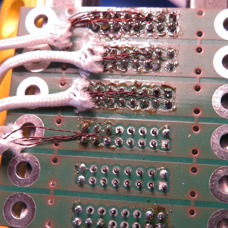 Soldering wires (connectors are on the other side of the PCB). Note that I solder wires from left to right to avoid touching already soldered wires with the soldering iron